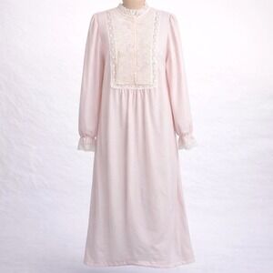 Vintage 80s Victorian Lace Maxi Nightgown Sz M Pink Fleece Cottagecore Regency